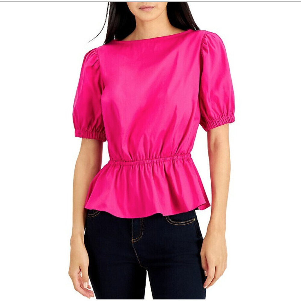 I.N.C International Concepts Puff-Sleeve Peplum Blouse Fuchsia Size S